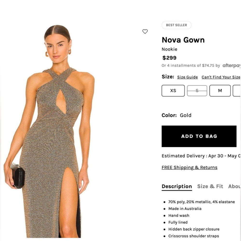 Revolve Nookie One-Shoulder Gold Crisscross Gown with Thigh Slit Small